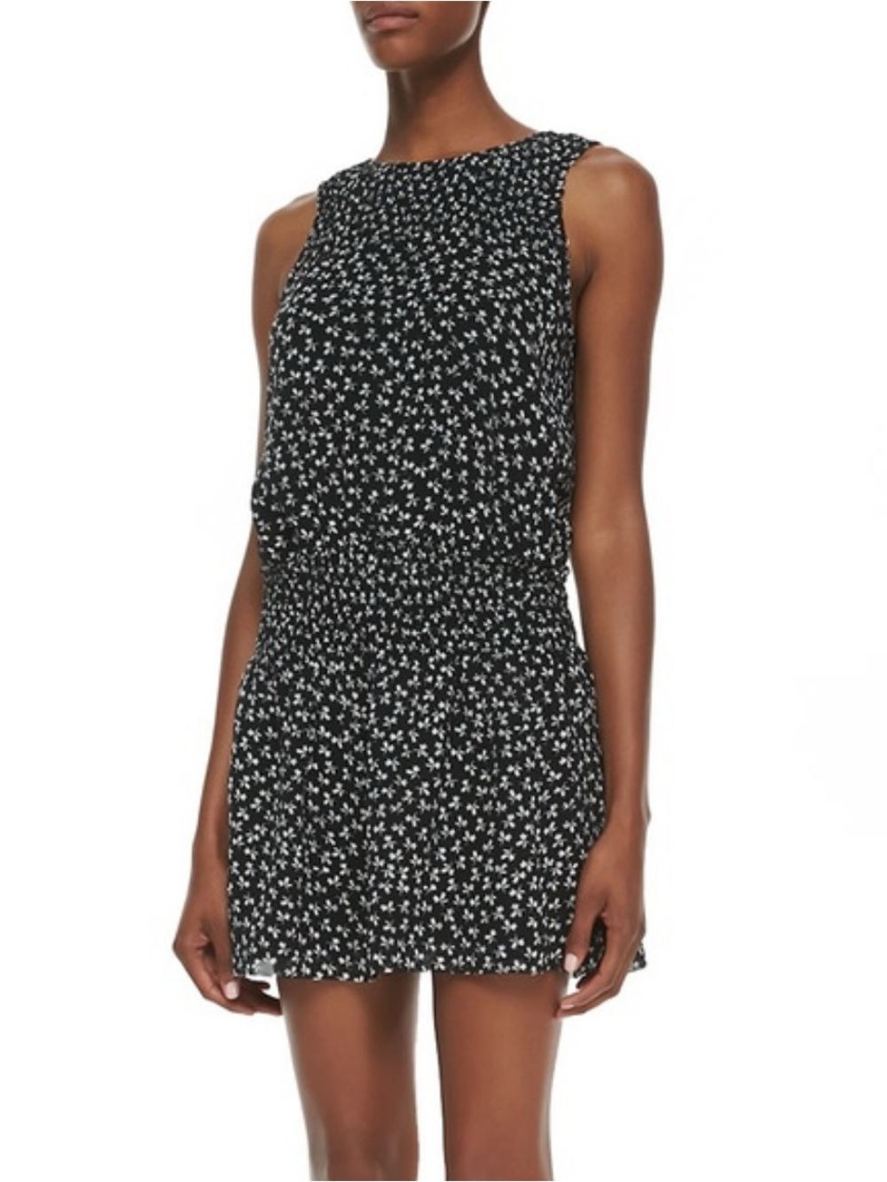 silk mini dress - joie black and white floral first pattern w smocked waist